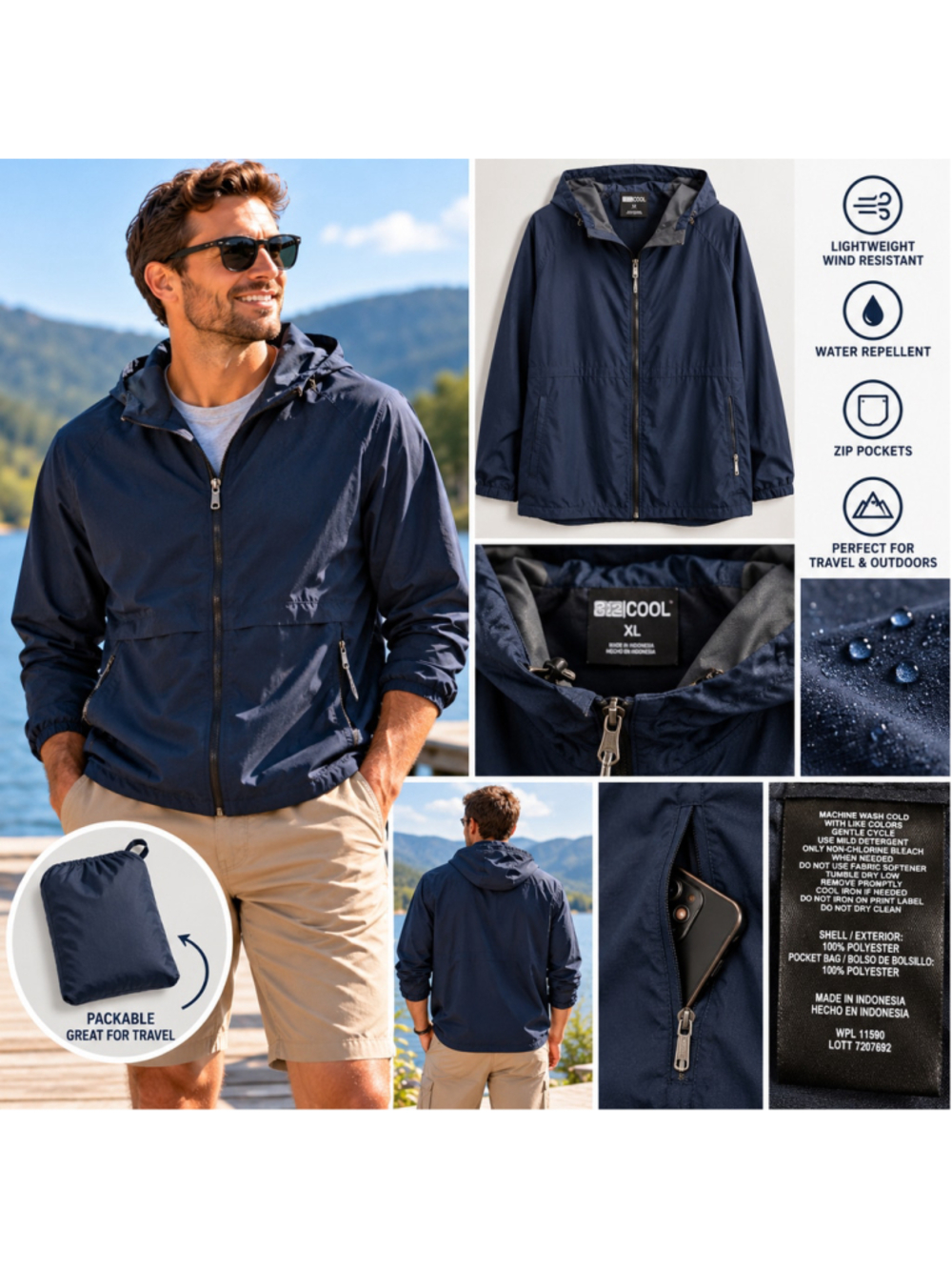 32 Degrees Cool Men’s XL Hooded Windbreaker Jacket Navy Blue Full Zip Lightweigh